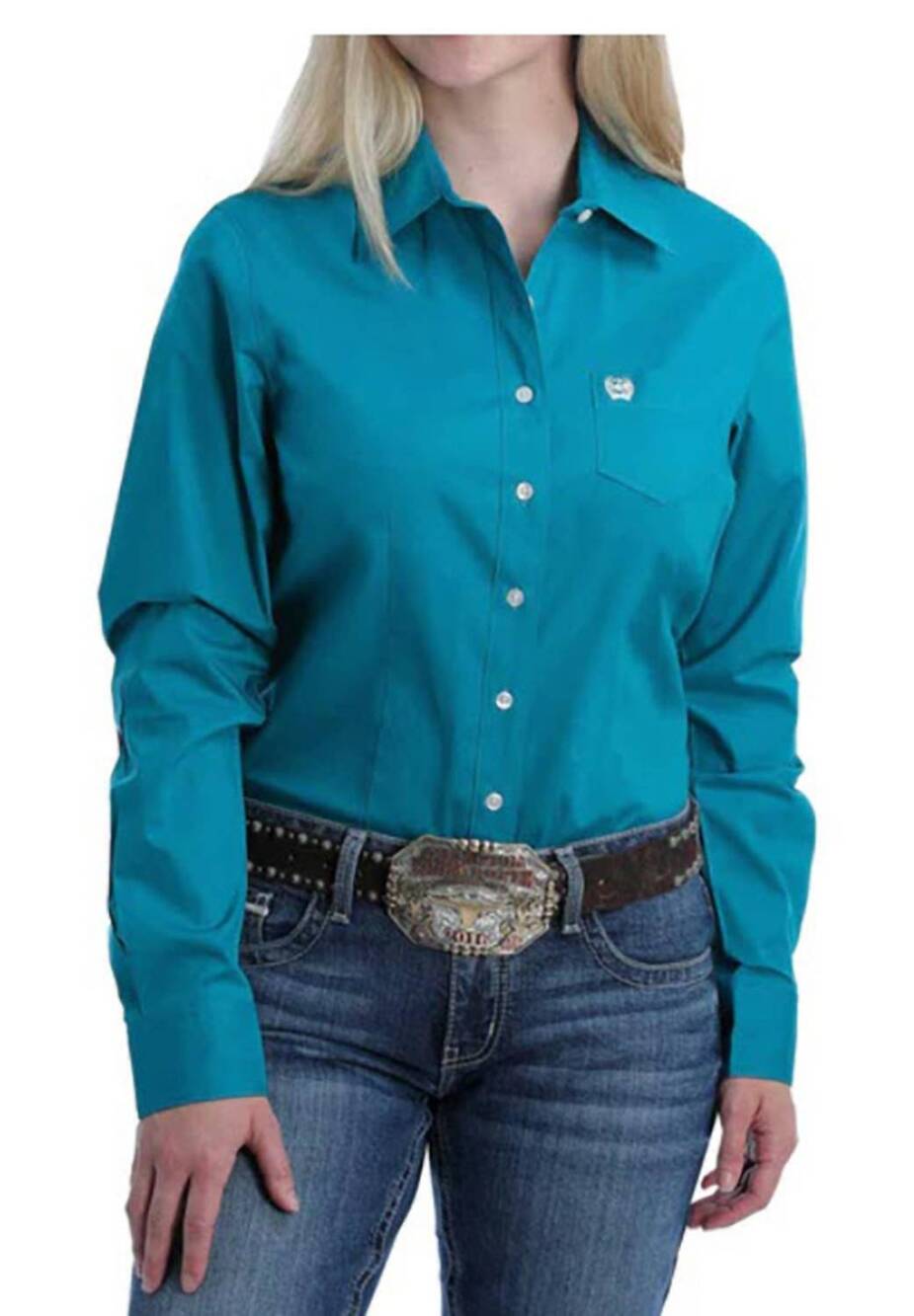 NEW CINCH women's plain weave solid button down shirt in teal